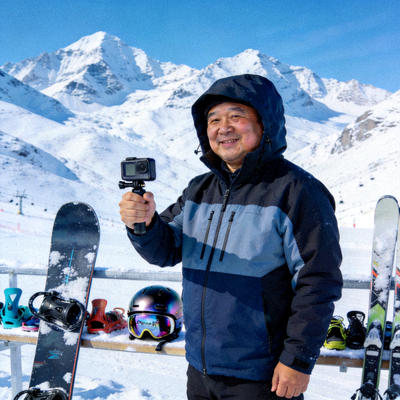 林雪身穿运动夹克，站在滑雪场边，手持运动相机，背景为雪山与滑雪装备
