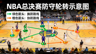 NBA总决赛防守轮转示意图，绿色与橙色箭头表示换防与协防路线，球员站位清晰