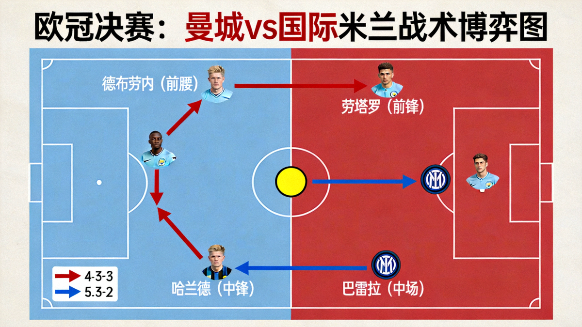 欧冠决赛战术板全景，红色与蓝色箭头标注攻防路线，关键球员位置高亮，曼城与国际米兰的阵型博弈图