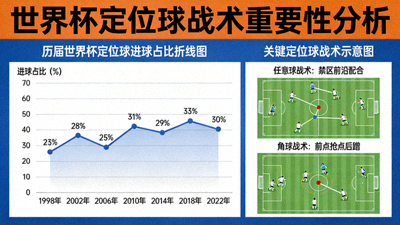 世界杯定位球战术重要性图，历届世界杯定位球进球占比折线图，关键定位球战术示意图