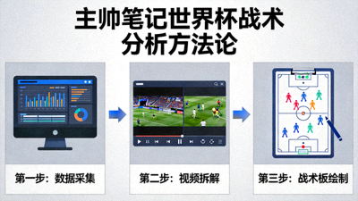 主帅笔记世界杯战术分析方法论图，包含数据采集、视频拆解、战术板绘制三个步骤，用流程图展示