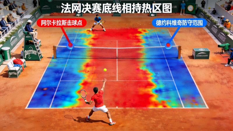 法网决赛底线相持热区图，红色区域为阿尔卡拉斯主要击球点，蓝色区域为德约科维奇防守覆盖范围，显示两人在底线正手侧与反手侧的击球密度分布