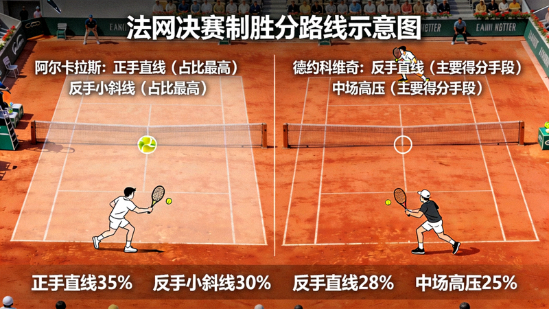 法网决赛制胜分路线示意图，阿尔卡拉斯正手直线与反手小斜线占比最高，德约科维奇反手直线与中场高压为主要得分手段