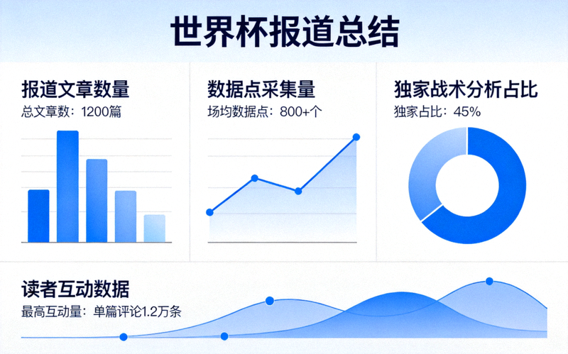世界杯报道总结信息图，以图表形式展示了报道文章数量、数据点采集量、独家战术分析占比和读者互动数据