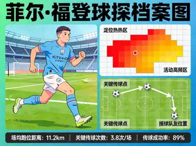 菲尔·福登球探档案图，球员在比赛中灵活跑位的热区图与关键传球路线示意图