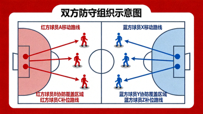 双方防守组织示意图，箭头标注防守移动路线及协防覆盖区域